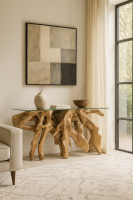 Konsola drewniana ROOT ze szklanym blatem