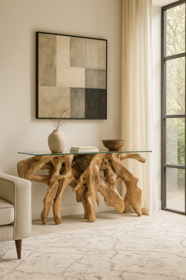 Konsola drewniana ROOT ze szklanym blatem