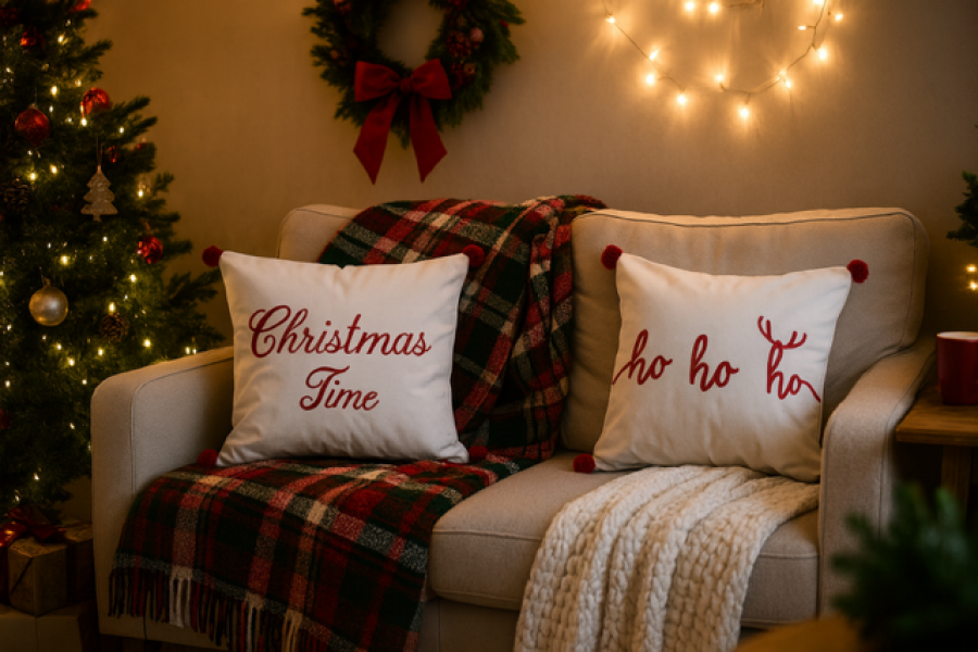 Poszewka świąteczna z czerwonymi pomponami