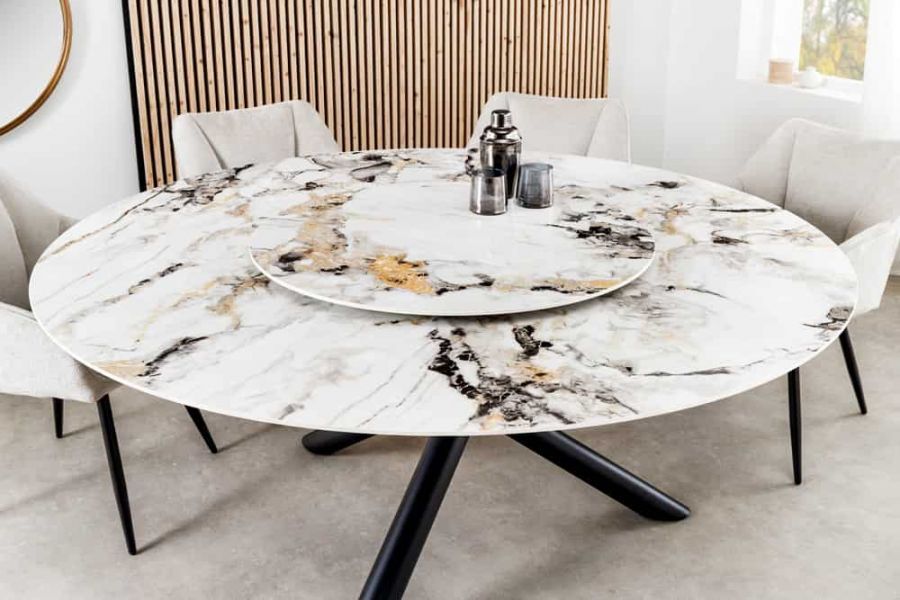 Stół ceramiczny okrągły z obrotowym blatem Spin Aurora Oro 150 cm marmur - Invicta Interior