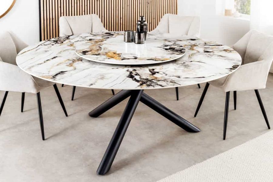 Stół ceramiczny okrągły z obrotowym blatem Spin Aurora Oro 150 cm marmur - Invicta Interior