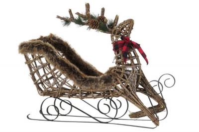 Dekoracja świąteczna Sanie rattanowe z reniferem