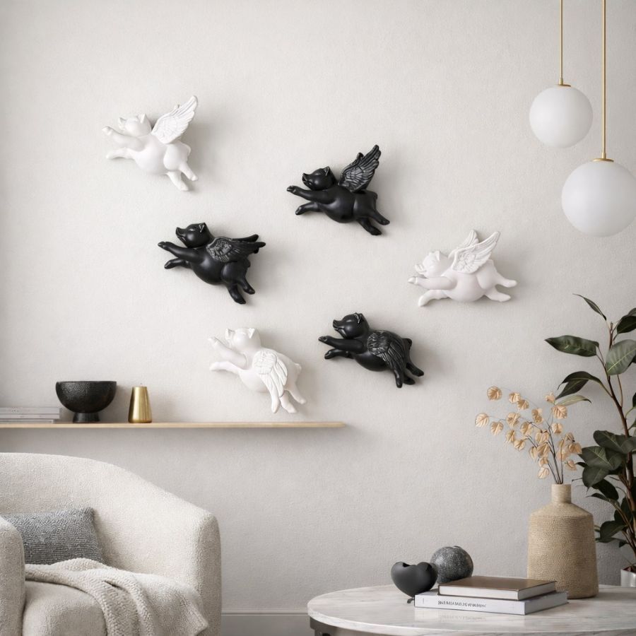 Figurka ścienna Flying Pig czarna biała - Item International