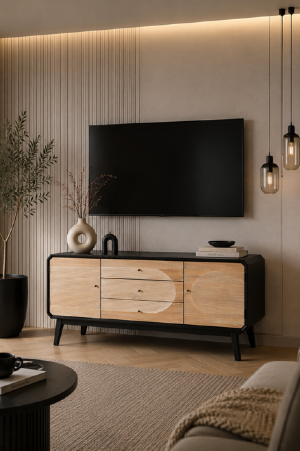Komoda drewniana RTV Retro round czarna - Item International