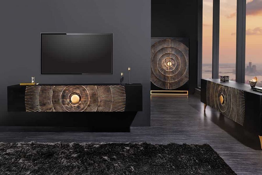 Komoda szafka wisząca RTV pod TV Golden Sunset drewniana mango - Invicta Interior
