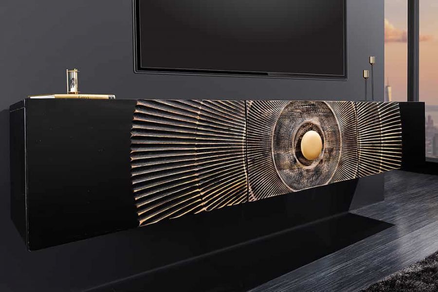 Komoda szafka wisząca RTV pod TV Golden Sunset drewniana mango - Invicta Interior