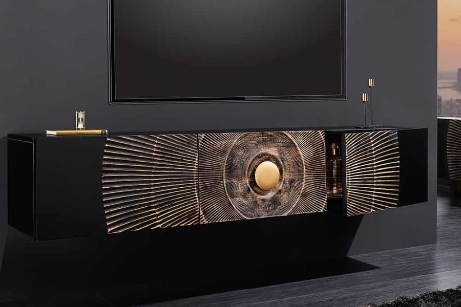 Komoda szafka wisząca RTV pod TV Golden Sunset drewniana mango - Invicta Interior