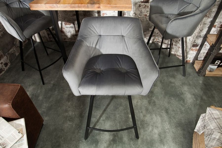 Krzesło barowe Hoker Loft aksamitny velvet szary  - Invicta Interior