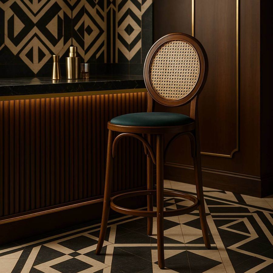 Krzesło barowe hoker rattanowy Icon retro z plecionką wiedeńską brązowy tapicerowany - Item International