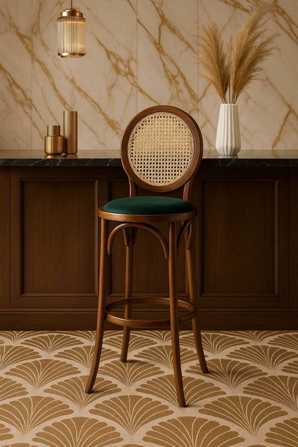 Krzesło barowe hoker rattanowy Icon retro z plecionką wiedeńską brązowy tapicerowany - Item International