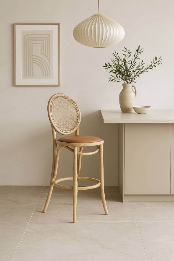 Krzesło barowe hoker rattanowy Icon retro z plecionką wiedeńską naturalny tapicerowany - Item International