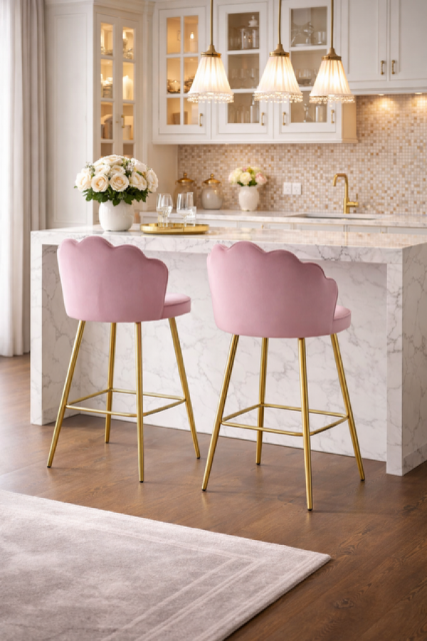 Krzesło barowe hoker Shell Peacock aksamitny różowy złoty - Inart