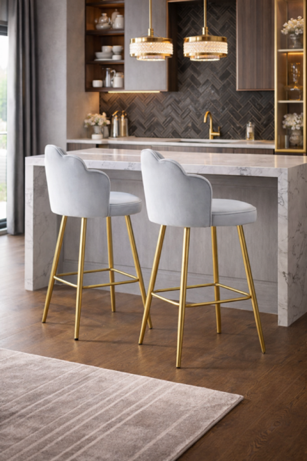 Krzesło barowe hoker Shell Peacock aksamitny szary złoty - Inart