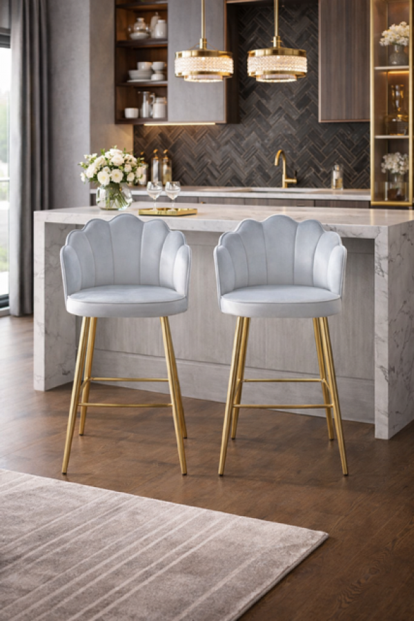 Krzesło barowe hoker Shell Peacock aksamitny szary złoty - Inart