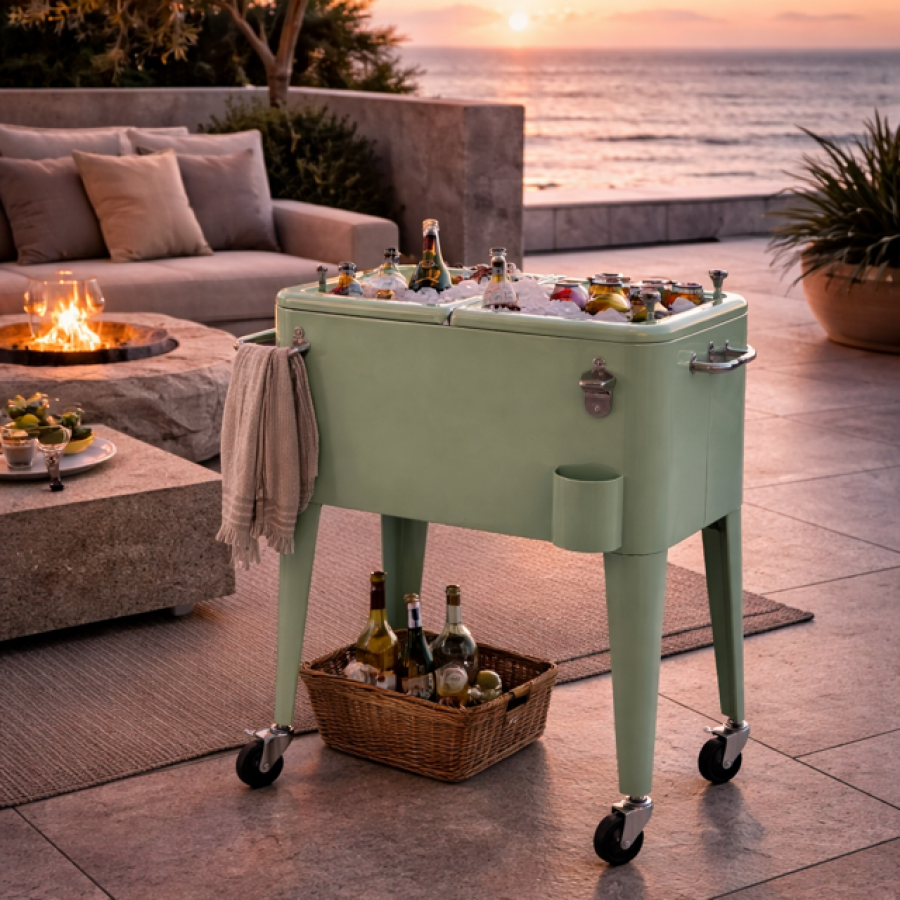 Lodówka retro ogrodowa na kółkach miętowa