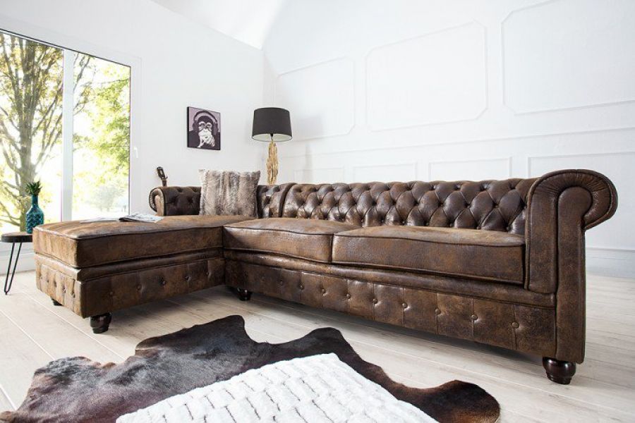 Narożnik sofa narożna Chesterfield antik brown ottoman lewy - Invicta Interior