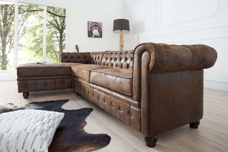 Narożnik sofa narożna Chesterfield antik brown ottoman lewy - Invicta Interior