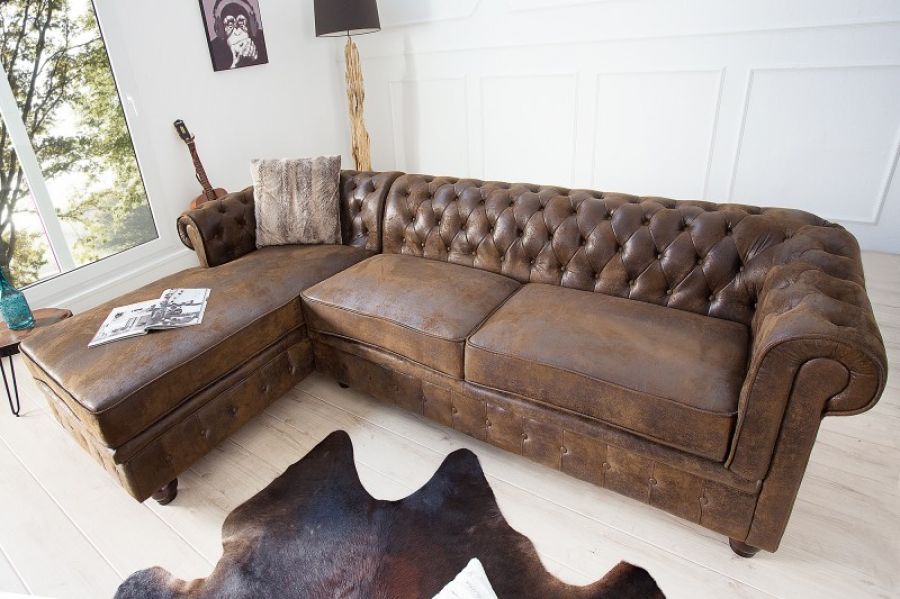 Narożnik sofa narożna Chesterfield antik brown ottoman lewy - Invicta Interior