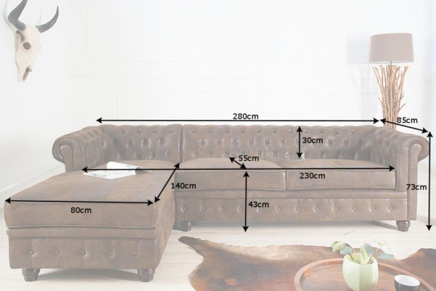 Narożnik sofa narożna Chesterfield antik brown ottoman lewy - Invicta Interior