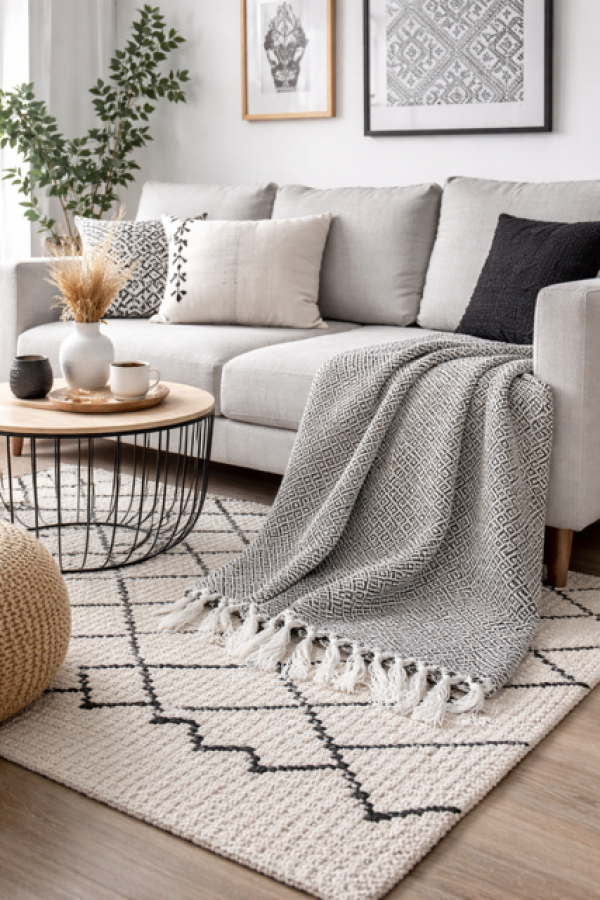 Narzuta boho z frędzlami 125x150 szara - Atmosphera