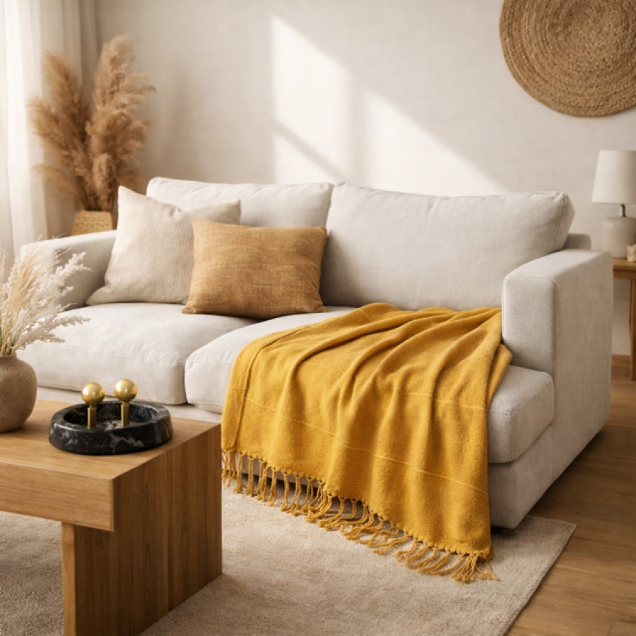 Narzuta pled boho z frędzlami 230x250 ochra - Atmosphera