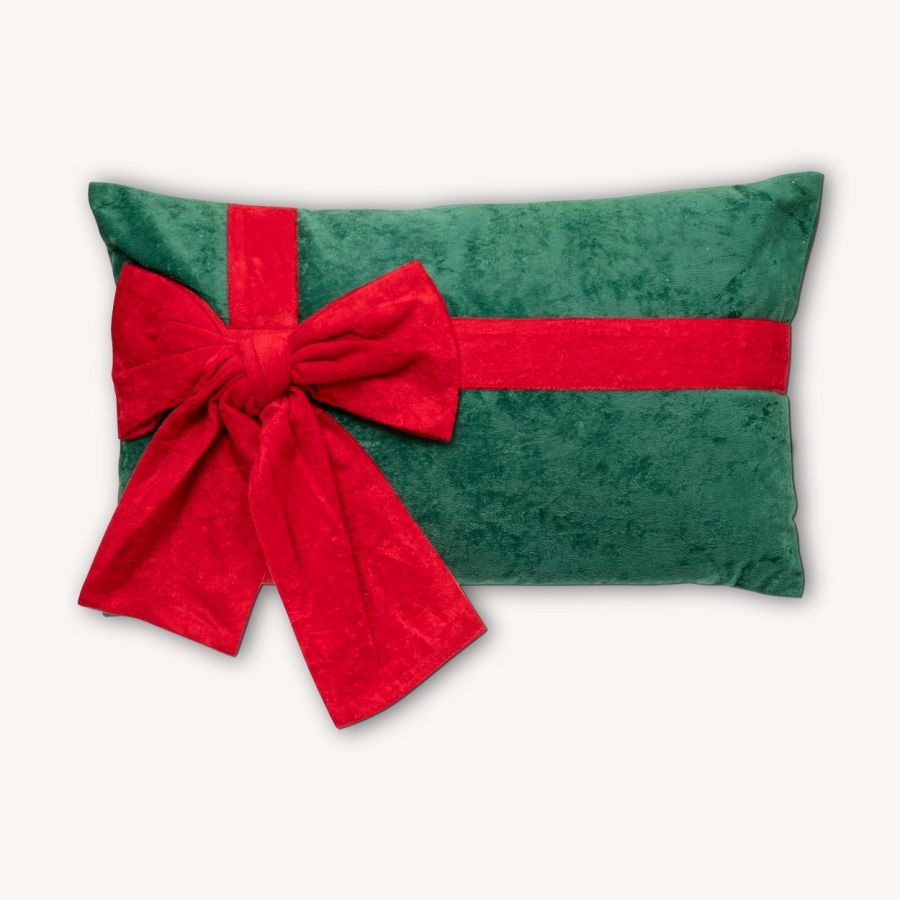 Poduszka Gift zielona z czerwoną kokardą