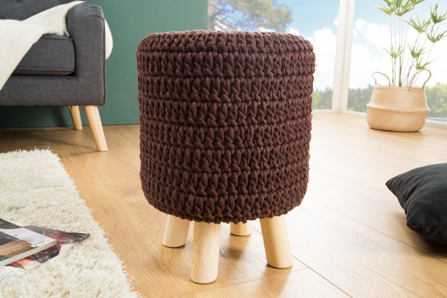 Puf Stołek dziergany Leeds 41 cm brązowy - Invicta Interior