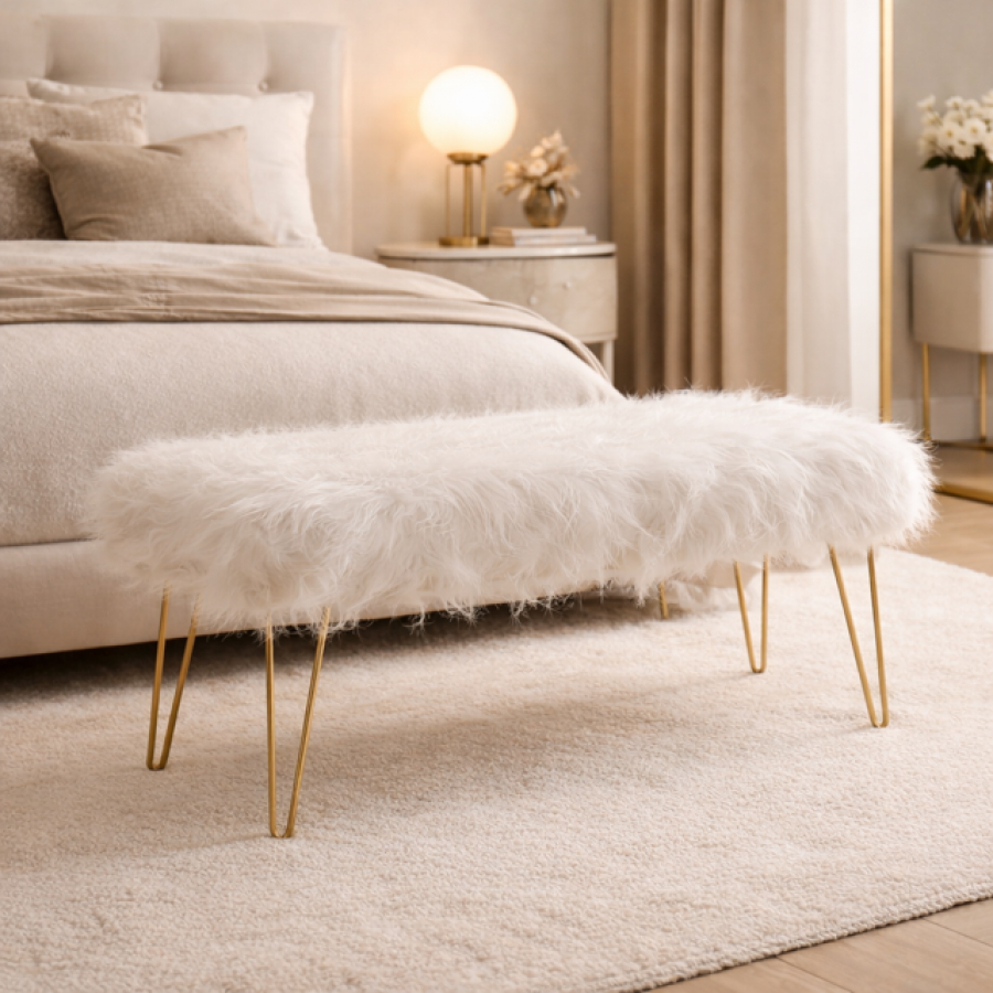 Puf złoty ławka z białym futerkiem - Item International