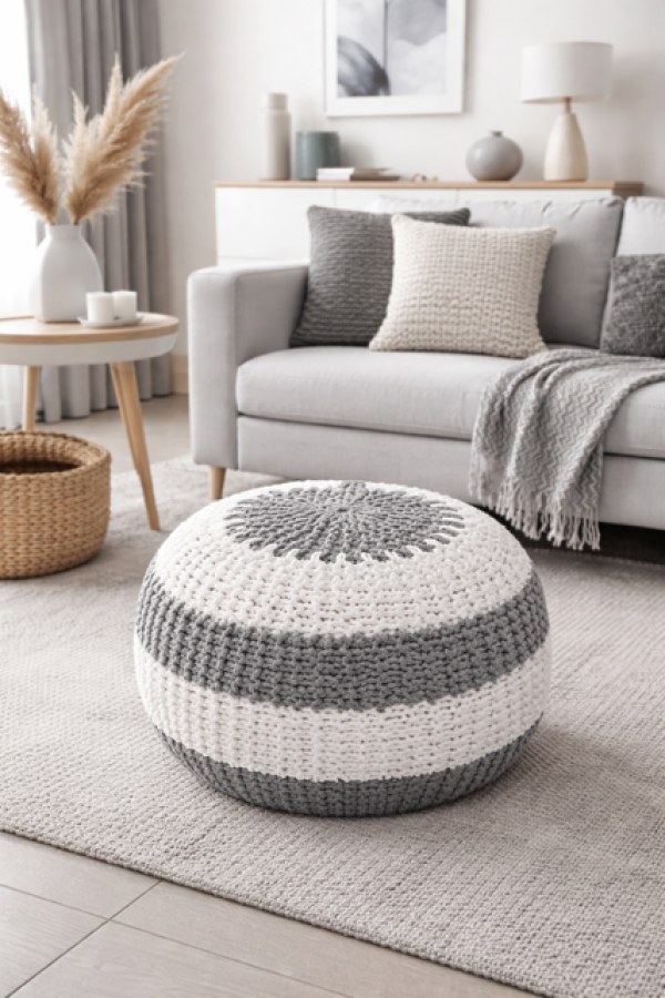 Pufa Wolle Ball Leeds biała & szara  - Invicta Interior