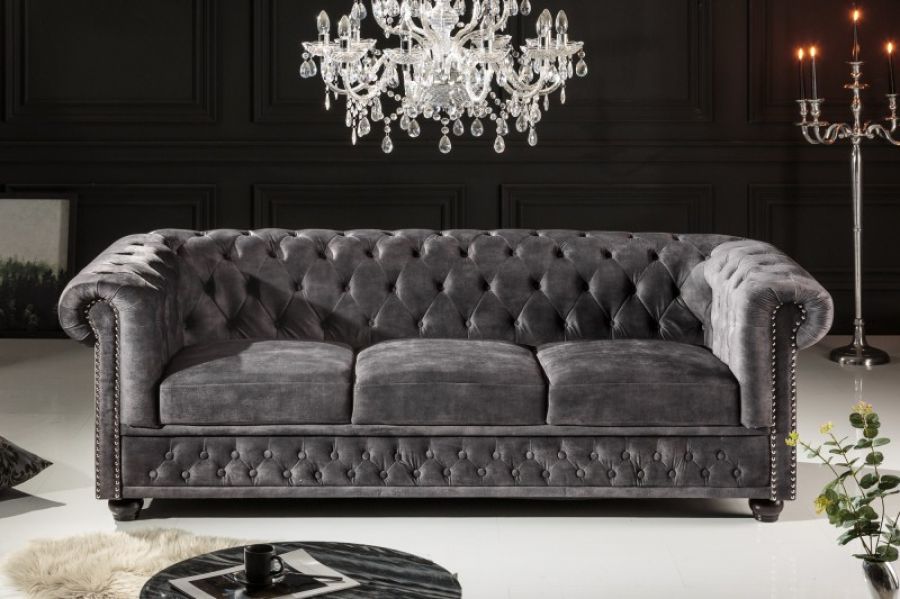 Sofa Chesterfield aksamitna szara