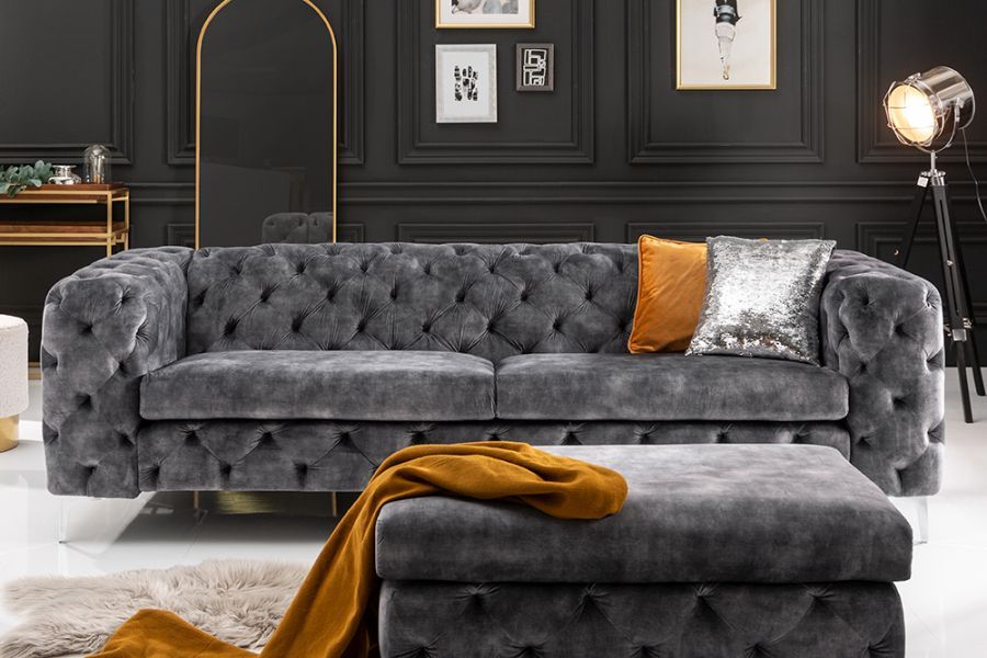 Sofa Chesterfield Modern Barock aksamitna szara - Invicta Interior