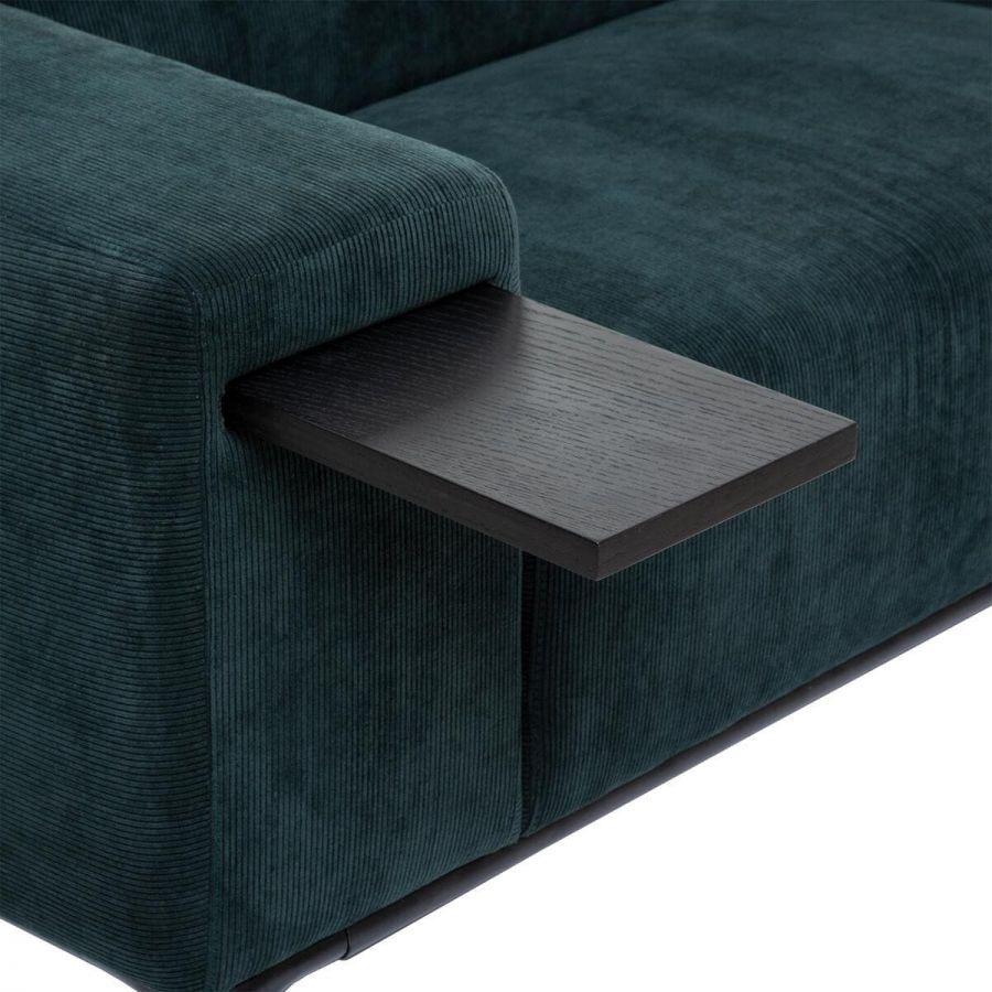 Sofa sztruksowa z wysuwanymi półkami zielona