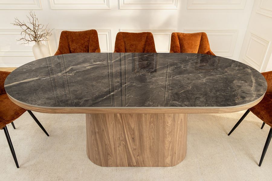 Stół owalny drewniany Marmur Unique 200 cm szary - Invicta Interior
