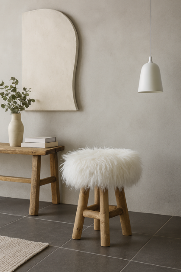 Taboret Pufa Stołek Futrzak włochaty biały round  - Koopman